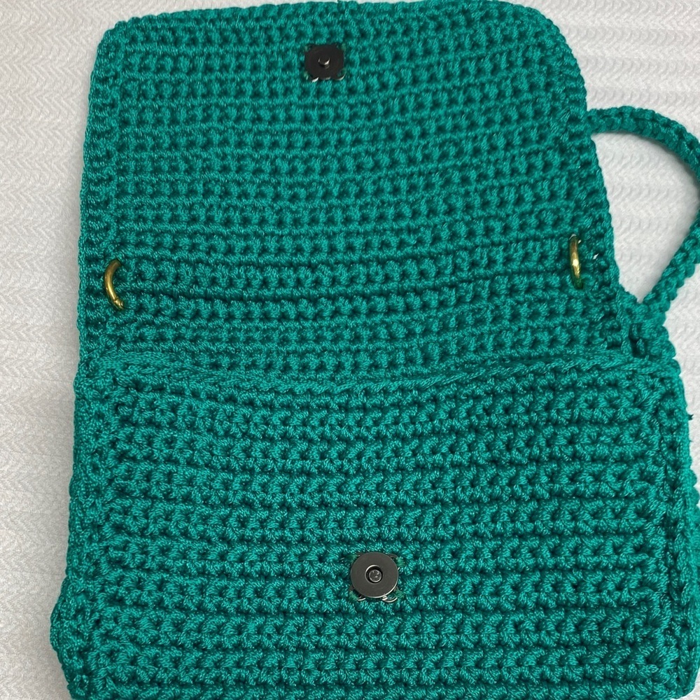 Handmade Teal Crochet Crossbody Purse Boho Festival Artisan Gold Tone OS - Picture 7 of 8